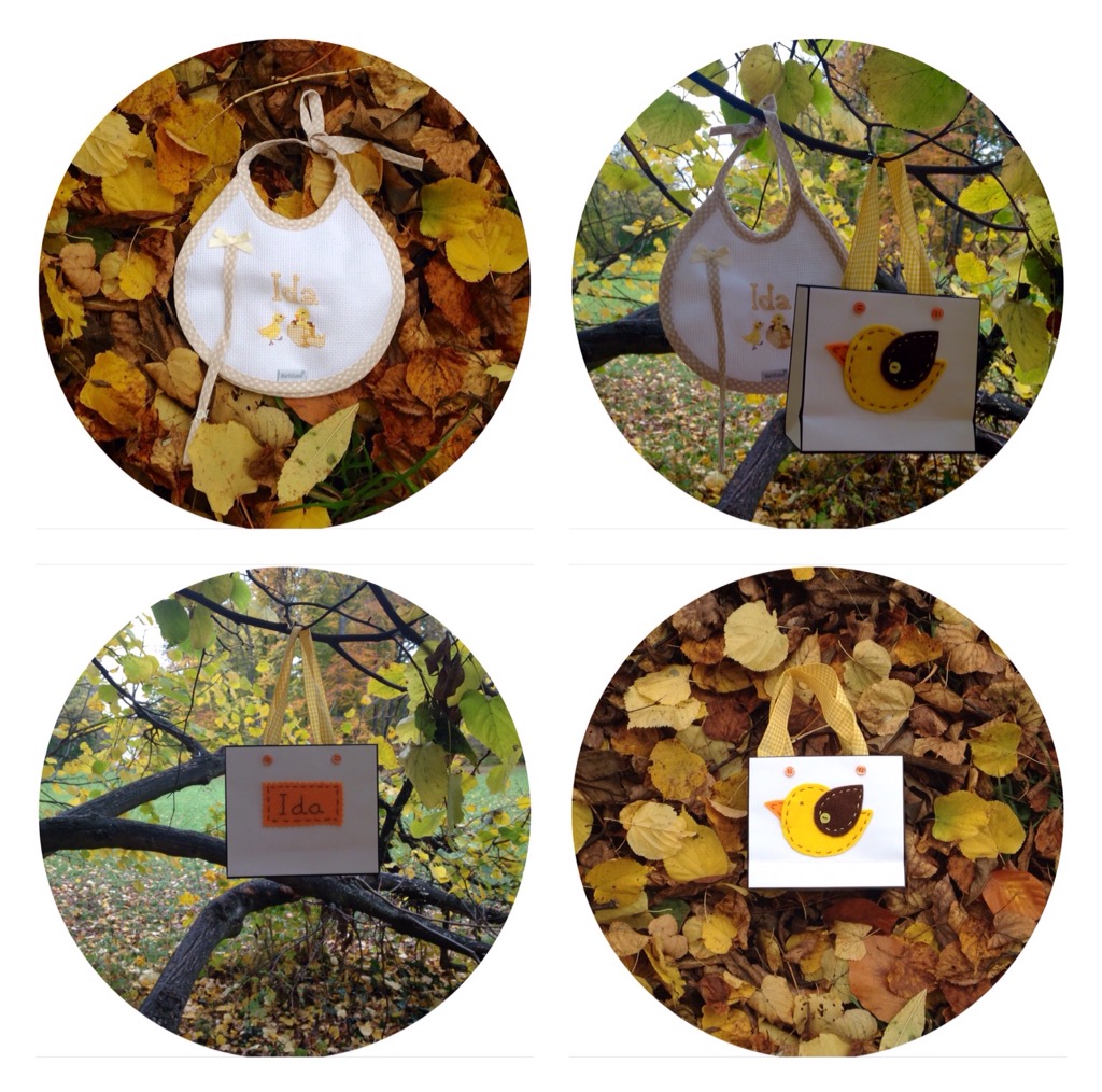 Babero a punto de cruz y bolsa de regalo decorada con fieltro